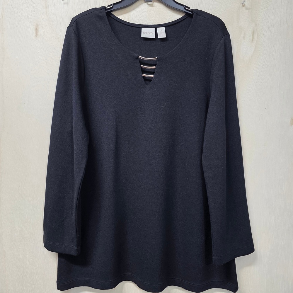 Chico's Black Long Sleeve Scoop Neck Top Silver Bar Cutout Size 2 Large
